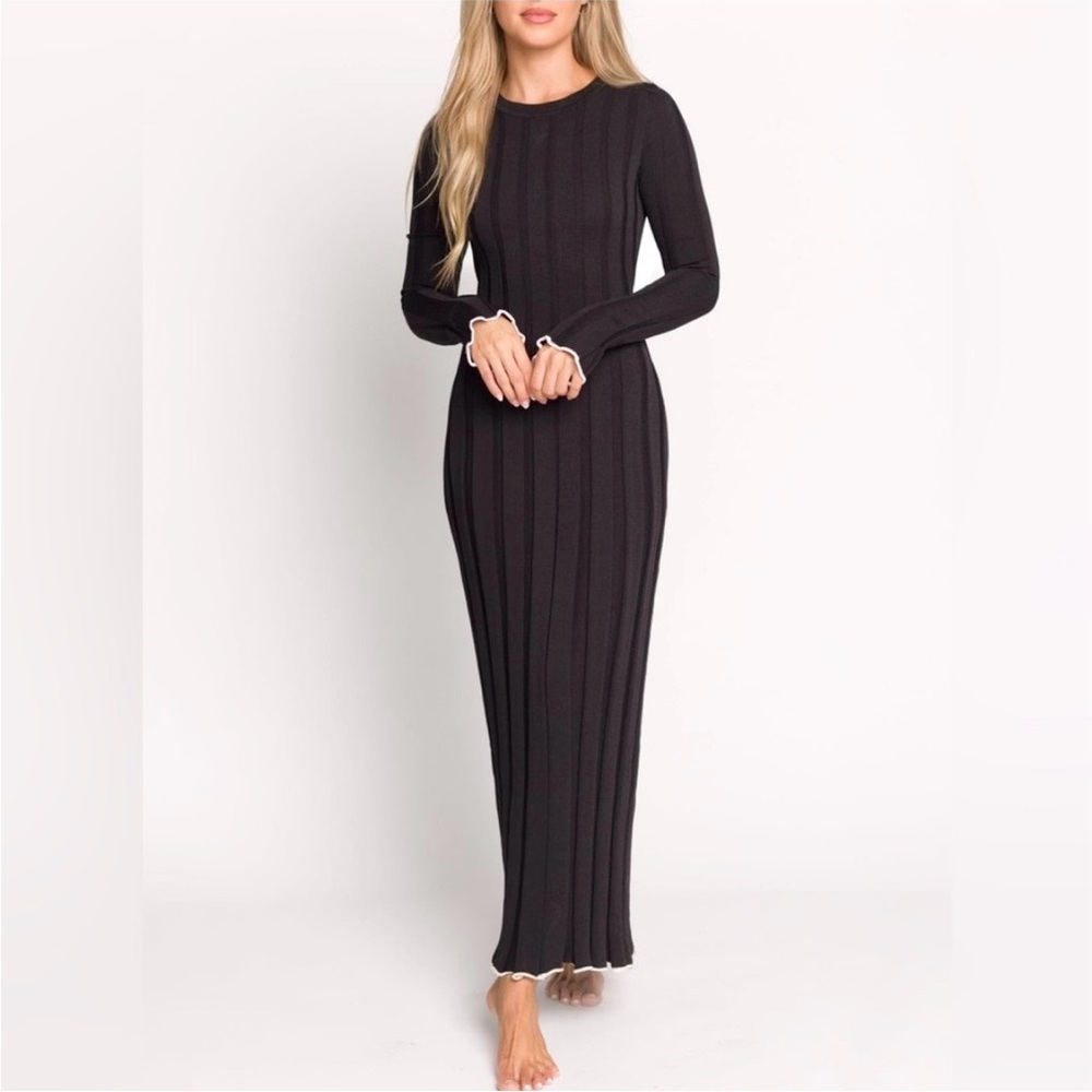 NEW Worth Collective Bentley Ribbed Knit Maxi Dress Black/White Trim $108 M/L
